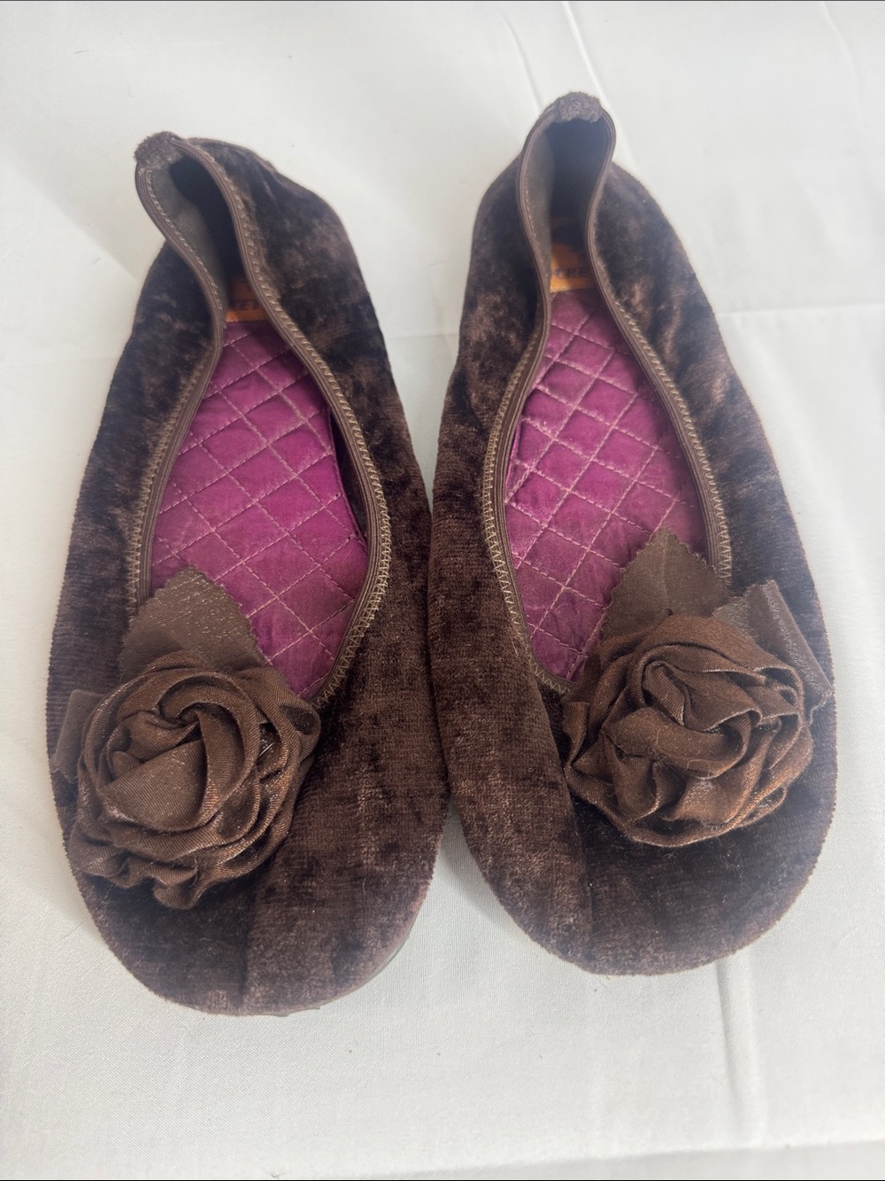 Vintage Brown Velvet Floral Ballet Flats - Women's Comfortable Slip-On Shoes